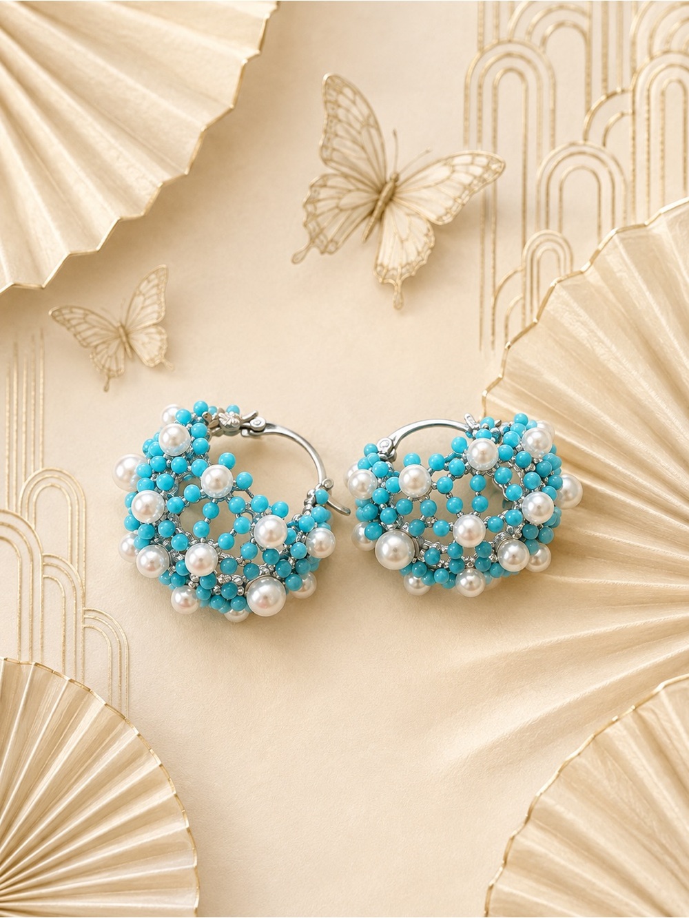 Turquoise and Pearl Cluster Hoop Earrings - Women Jewelry